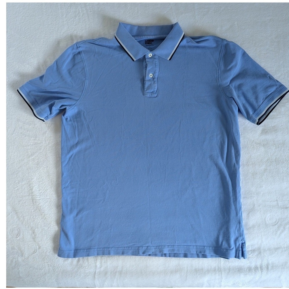 Lands End Polo Shirt Blue Tipped Collar Traditional Fit Sz L Minimalist Preppy